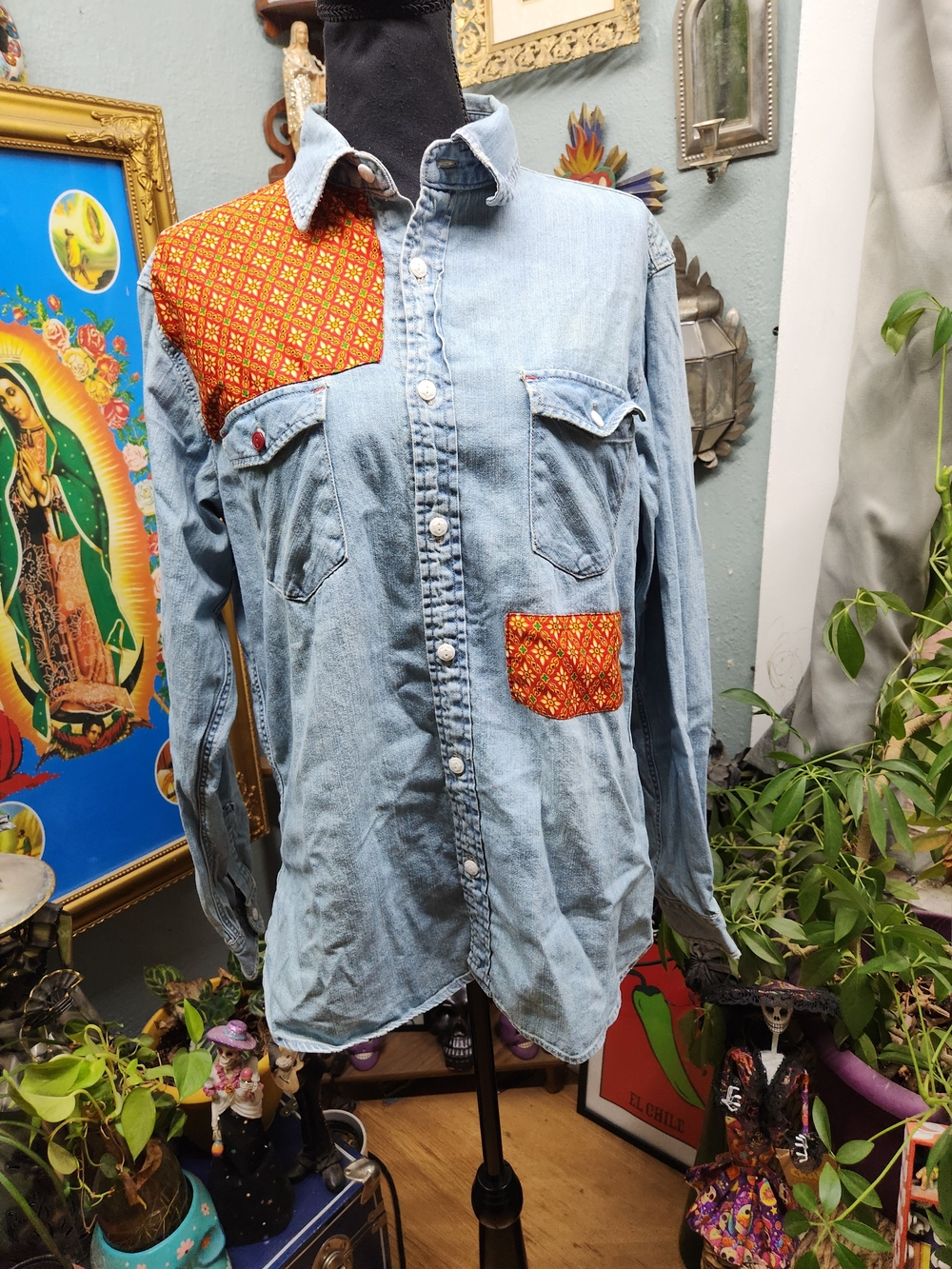 Back Numbers Women’s Light Blue Denim Button-Down Shirt with Red Patch Accents